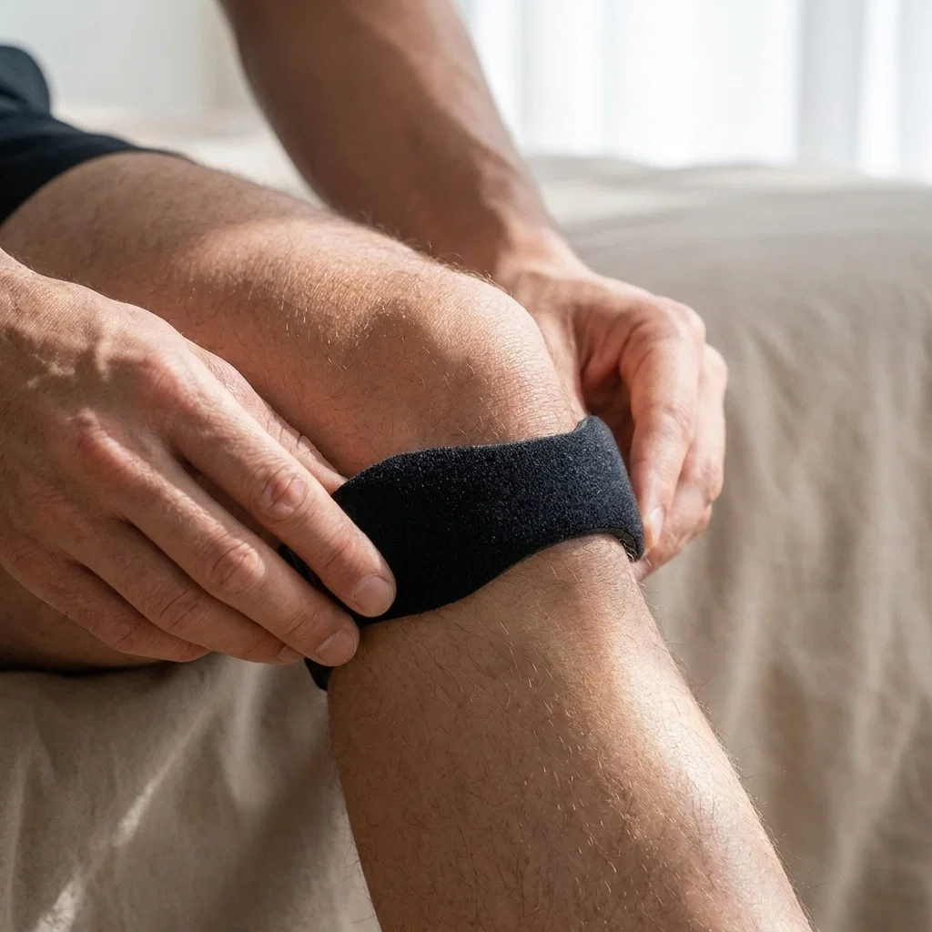 Hands adjusting the GeeGeeShop strap just below the kneecap