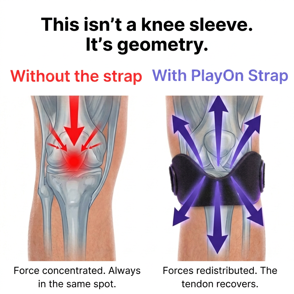Diagram comparing knee load without the strap and with the GeeGeeShop strap